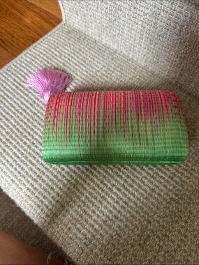 Pink & Green Woven Tassel Clutch